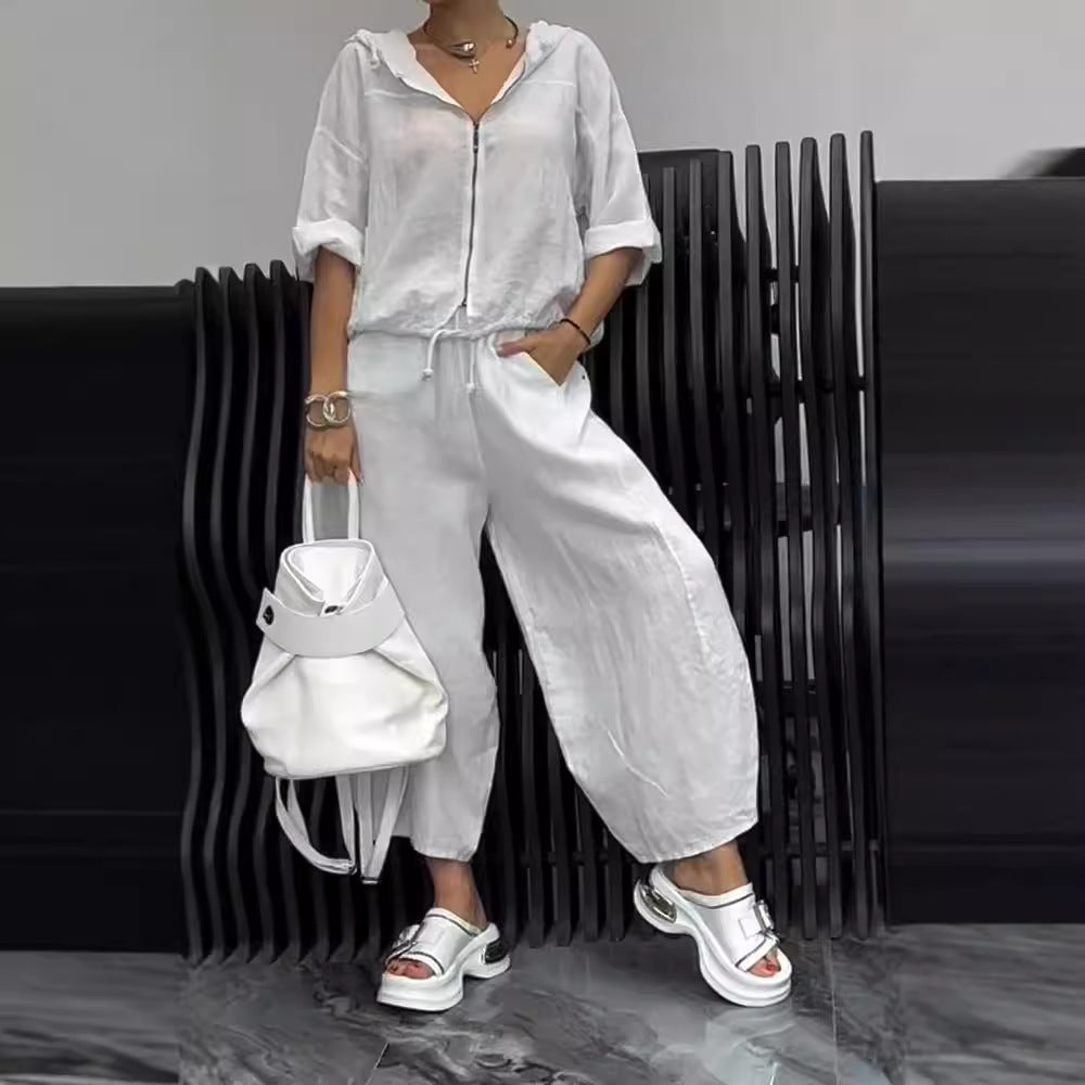 Women’s Cotton Linen Long Sleeve Top and Pants Set