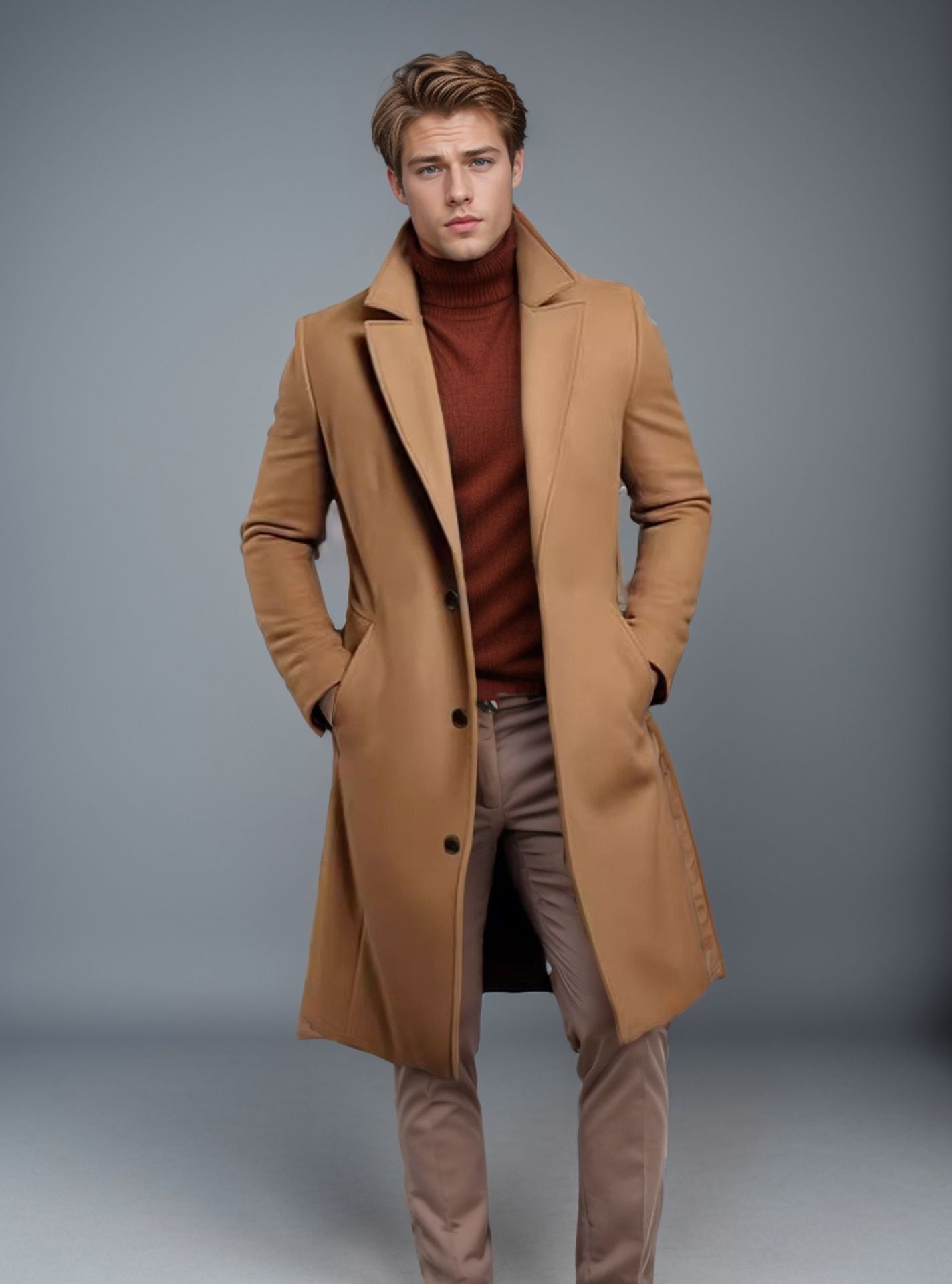 Men's mid-length trench coat in beige with slim pockets, single-breasted collar, suitable for fall and winter casual or business wear.