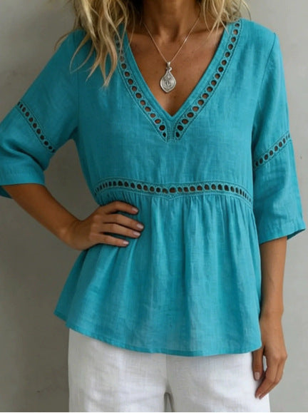 Women's V-neck hollow-out fringe cotton-linen top by FitiqueFit, casualwear with a stylish V-neck and fringe details.