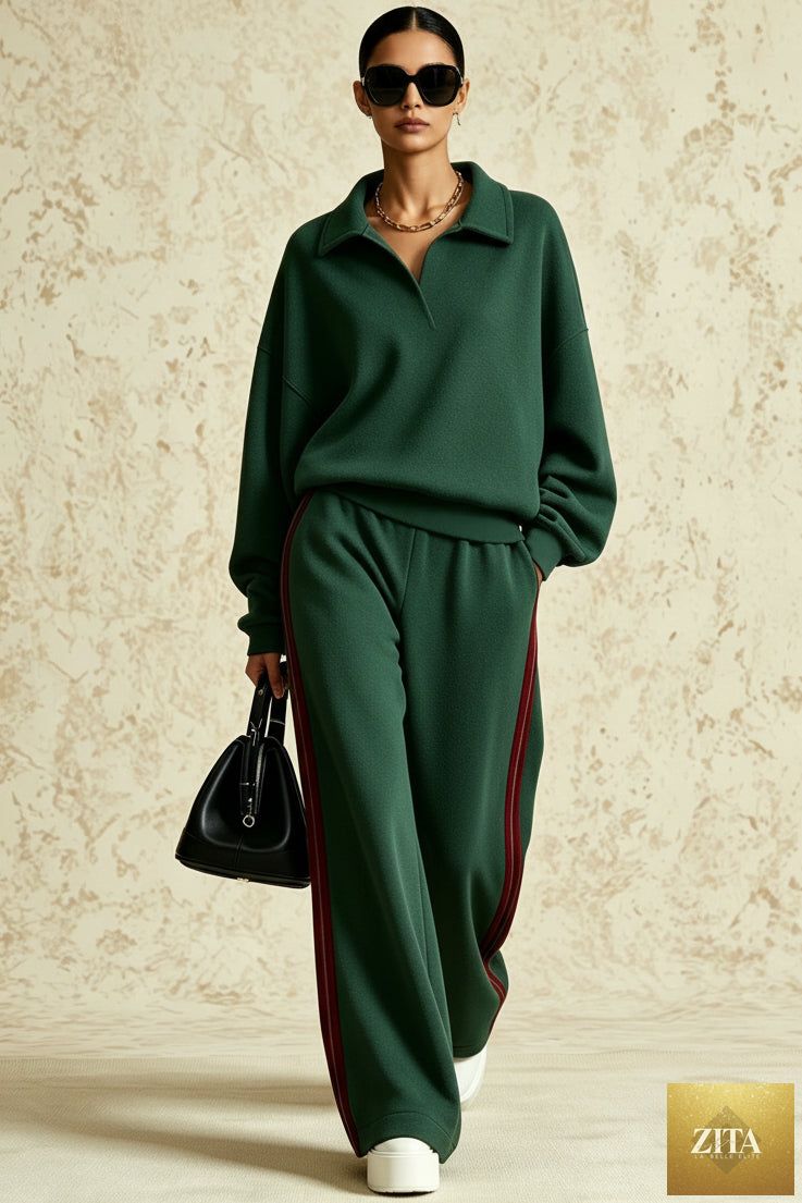 Women's Polo-Collar Oversized Sweatshirt & Side-Stripe Wide-Leg Pants Set