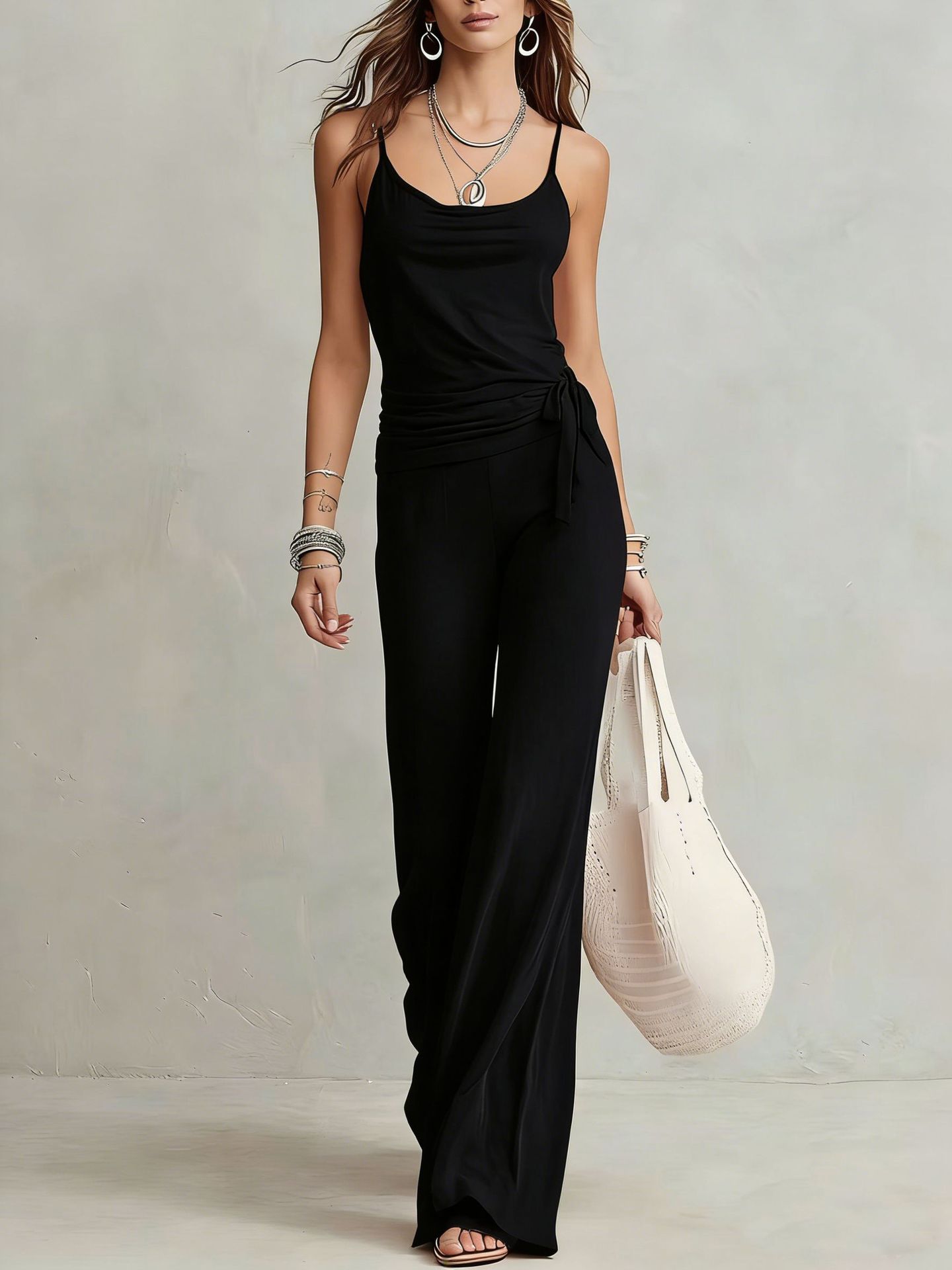 Women's solid color sleeveless top and pants two-piece casualwear set by FitiqueFit, shown in a relaxed, stylish fit.