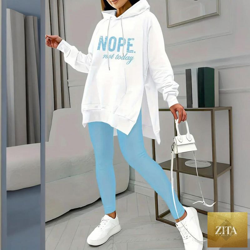 FitiqueFit casual 2-piece set with solid color leggings and letter print hooded sweatshirt, perfect for comfortable everyday wear.