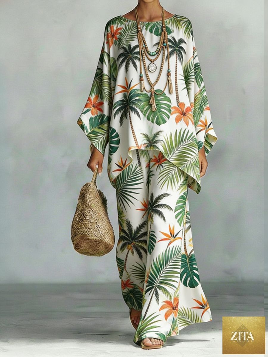 MERIDGE floral print bamboo linen two-piece set with wide-leg pants, featuring a matching top and bottom in vibrant floral design.
