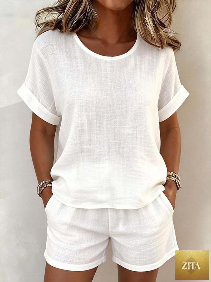 Women's Relaxed Cotton-Linen Cuffed Sleeve Top & Shorts Two-Piece Set