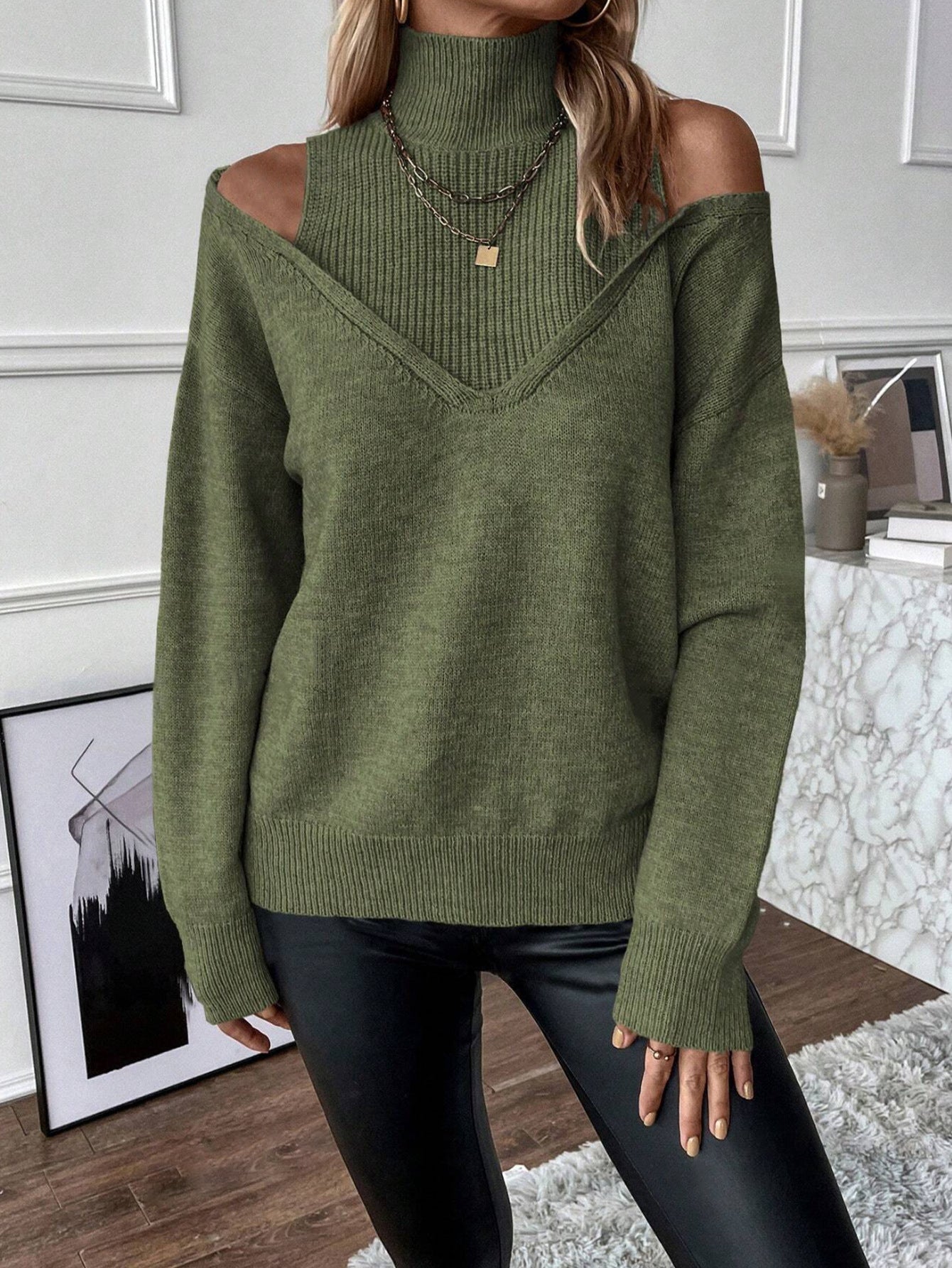 Women’s elegant off-shoulder turtleneck sweater by FitiqueFit, long sleeve knit casualwear in a stylish and cozy design.