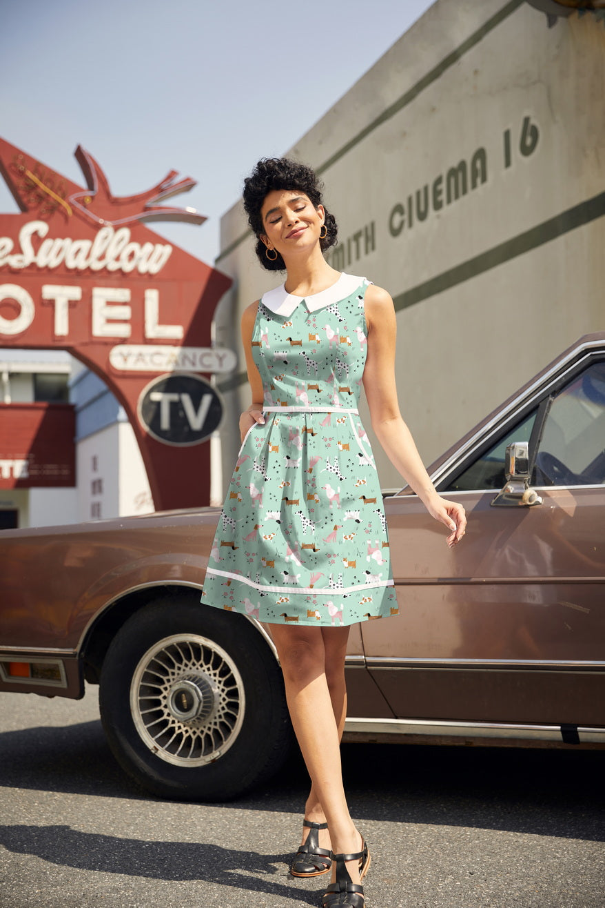 Dog wearing a Retrolicious collared dress with floral pattern, showcasing a stylish and adorable pet outfit.