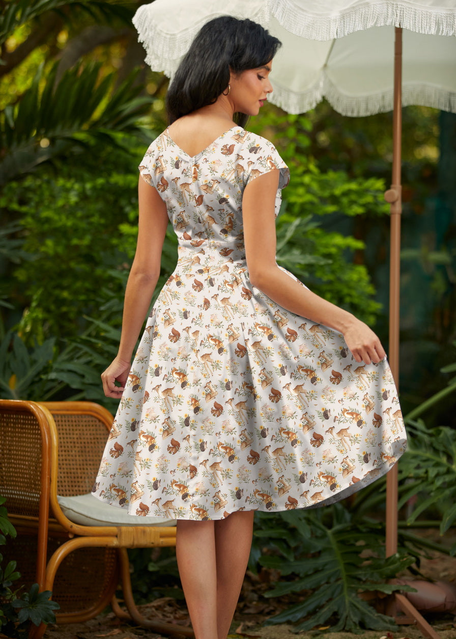 Retrolicious Woodland Animals Greta Dress, colorful dress with woodland animal prints, perfect for kids' casual or party wear.