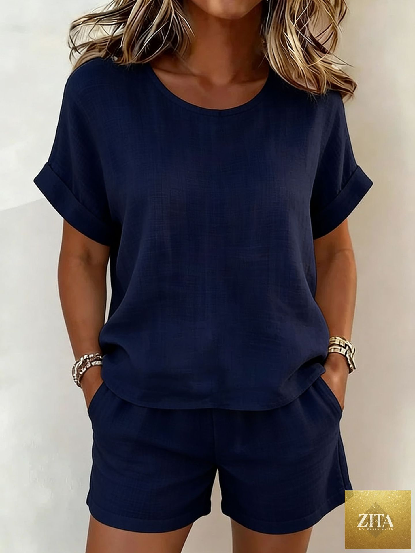 Women's Relaxed Cotton-Linen Cuffed Sleeve Top & Shorts Two-Piece Set