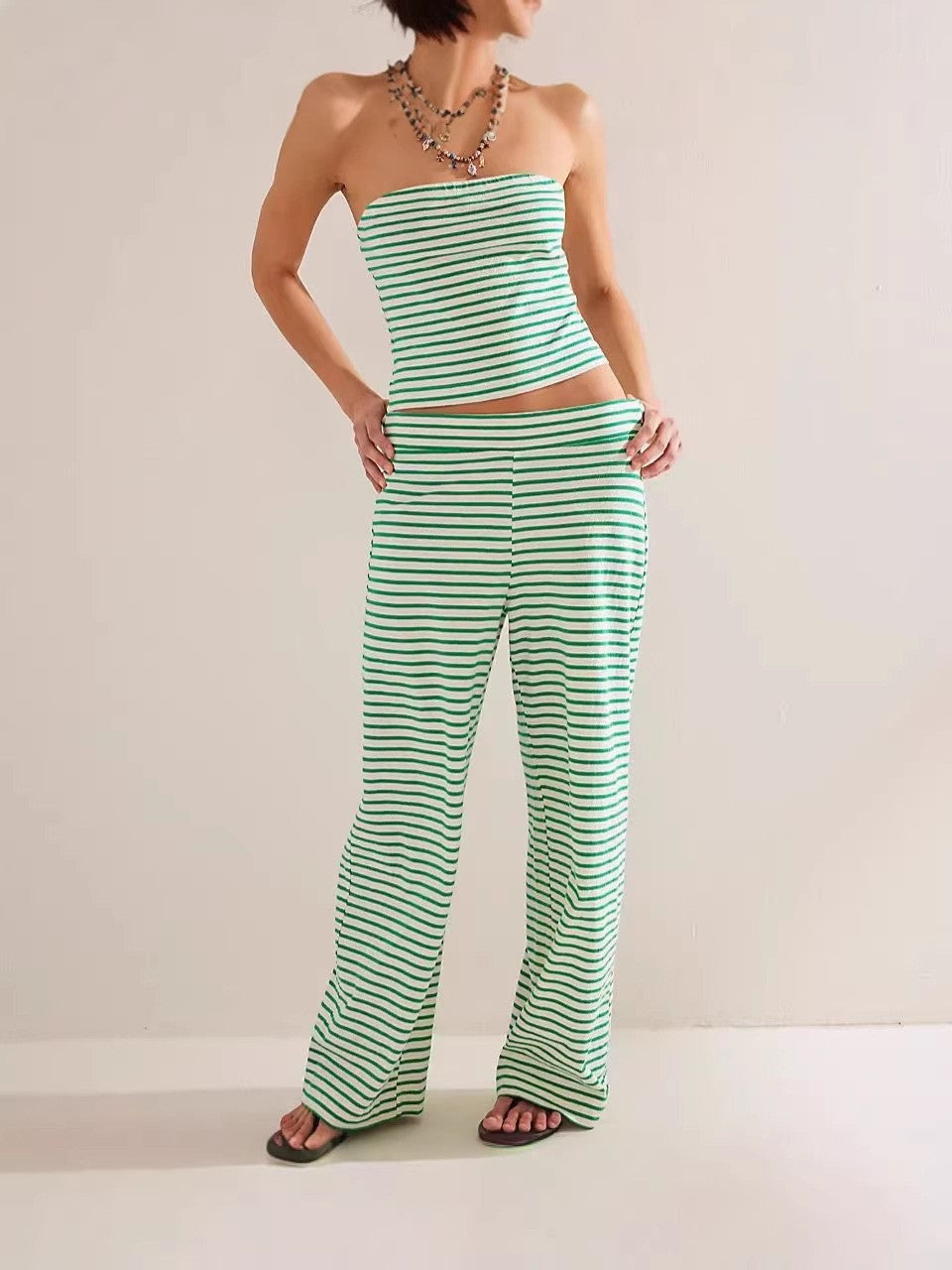 Women's striped tube top and matching pants set by FitiqueFit, casualwear, featuring a stylish modal fabric design.