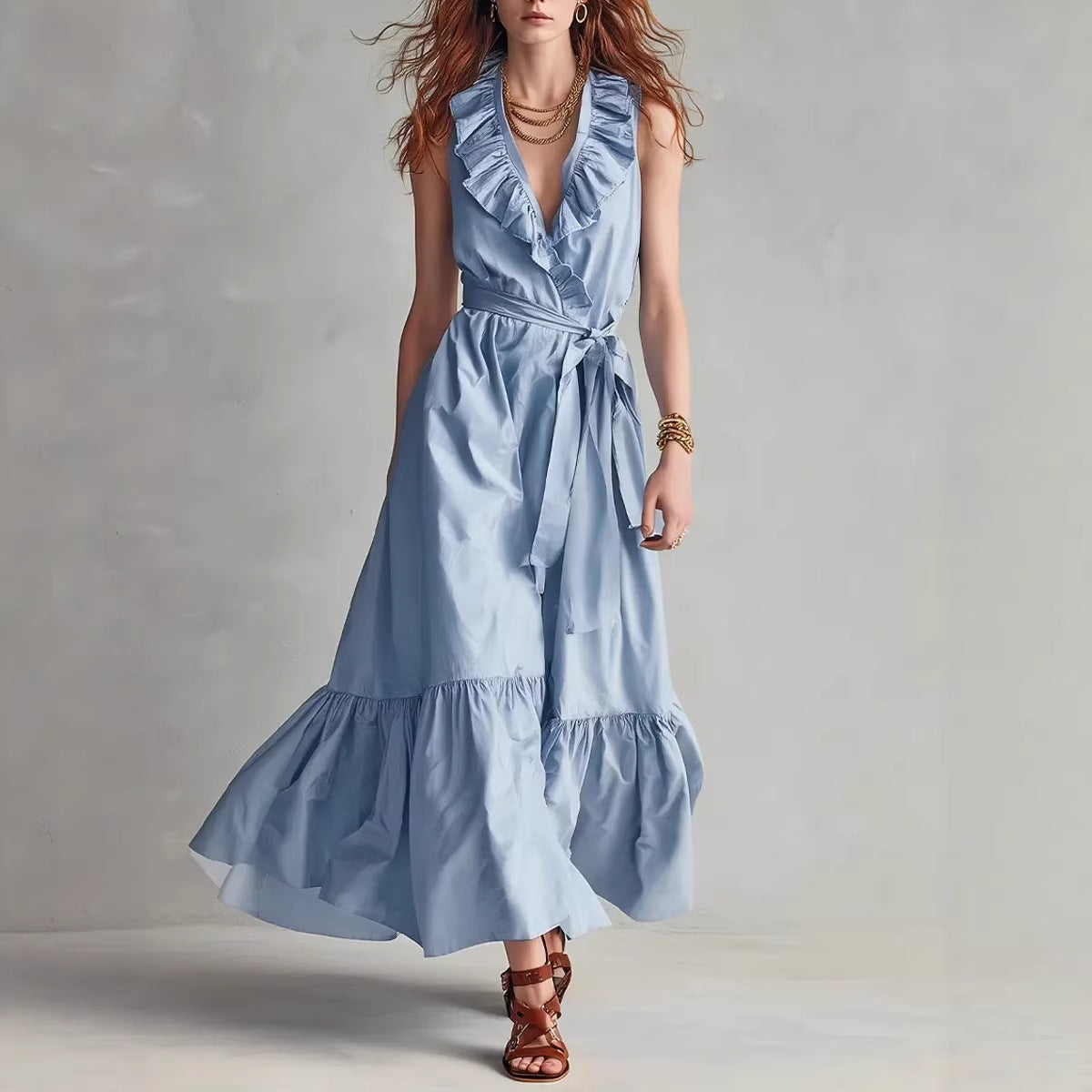 Women's FitiqueFit V-neck sleeveless lace-up panelled maxi dress with wide flare, casualwear style, featuring elegant lace-up detail.