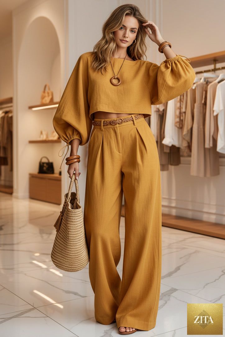Women's Balloon Puff Sleeve Tie-Cuff Crop Top & Pleated Wide-Leg Trousers Set