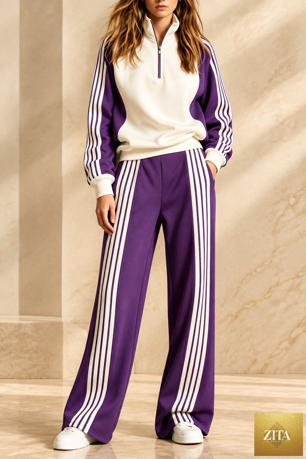 Women's Three-Stripe Colour-Block Half-Zip Sweatshirt & Wide-Leg Track Trouser Set