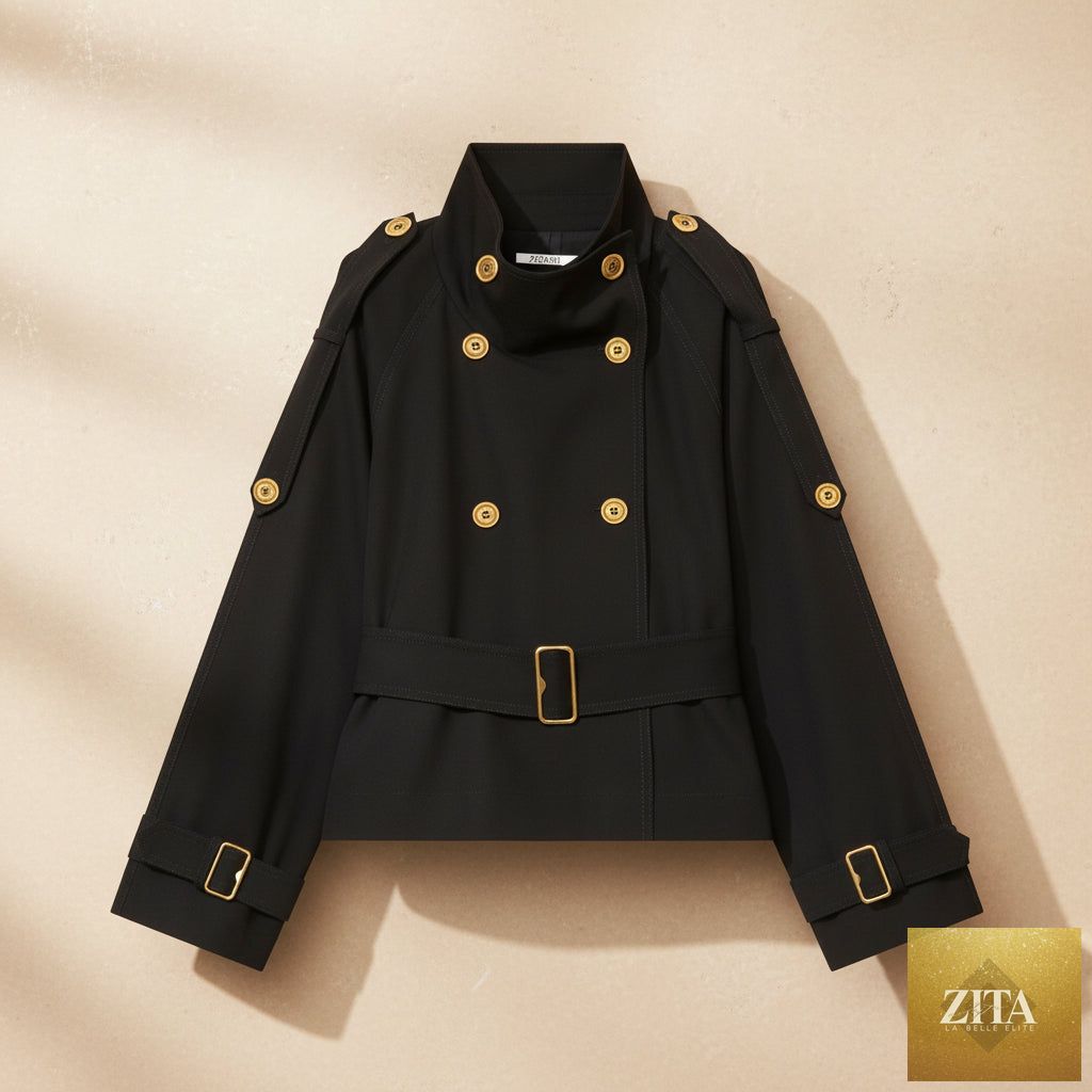 Cropped Double-Breasted Jacket with Gold Hardware