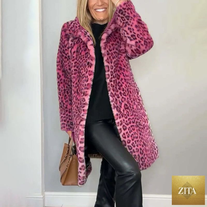 Leopard print plush jacket by FitiqueFit, cozy loose-fit mid-length outwear with a stylish animal print design.