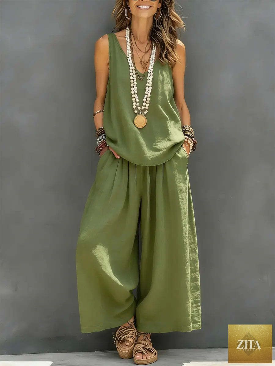 Womens Solid-Colored Casual Sleeveless Tank Top And Wide-Leg Pants Cotton-Linen Set For Daily Wear Holiday Outfit