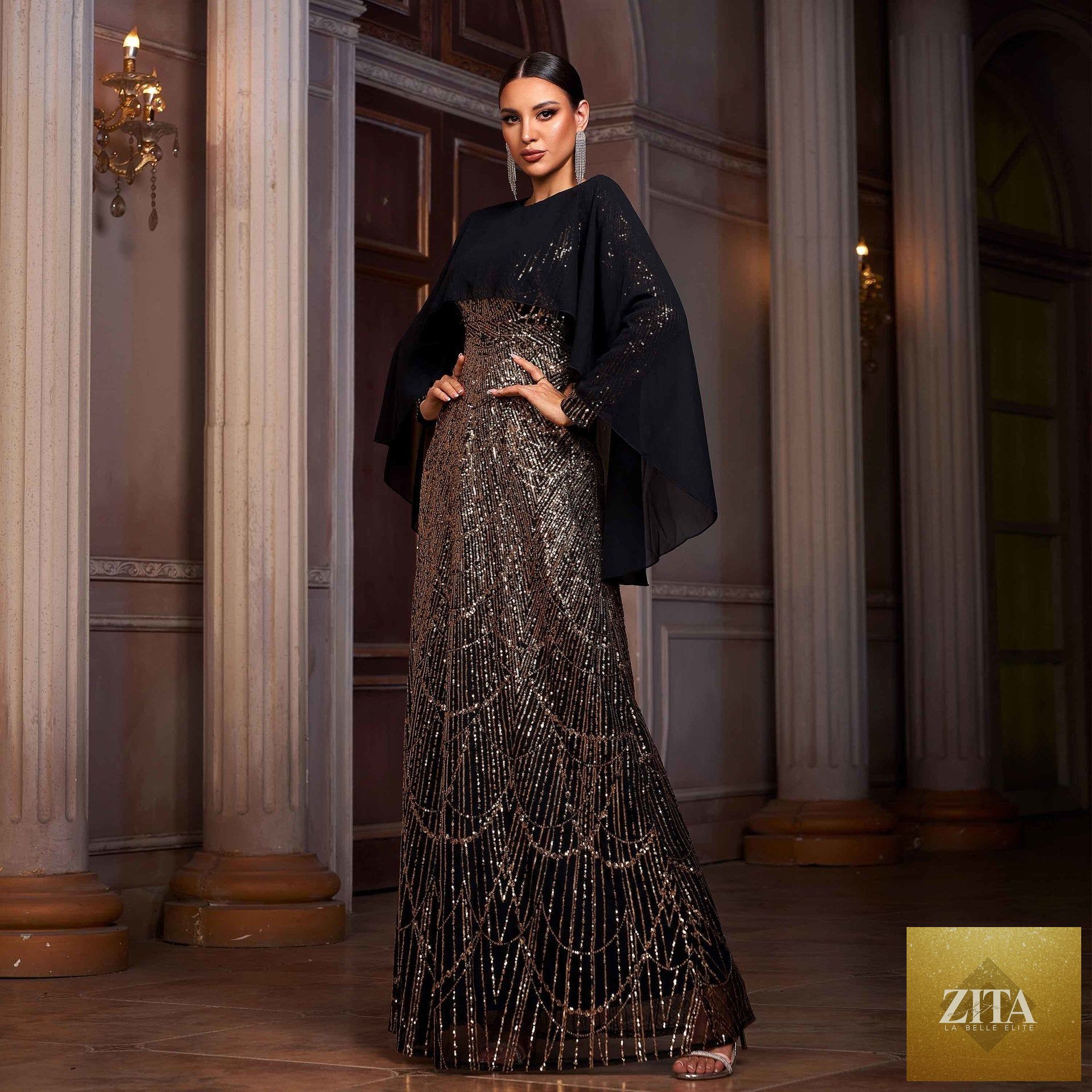 Elegant Long Sleeve Round Neck Shawl Banquet Sequined A- Line Evening Dress