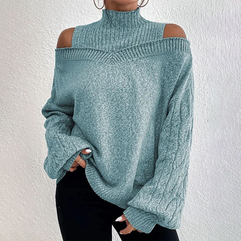 Women’s elegant off-shoulder turtleneck sweater by FitiqueFit, long sleeve knit casualwear in soft, cozy fabric.