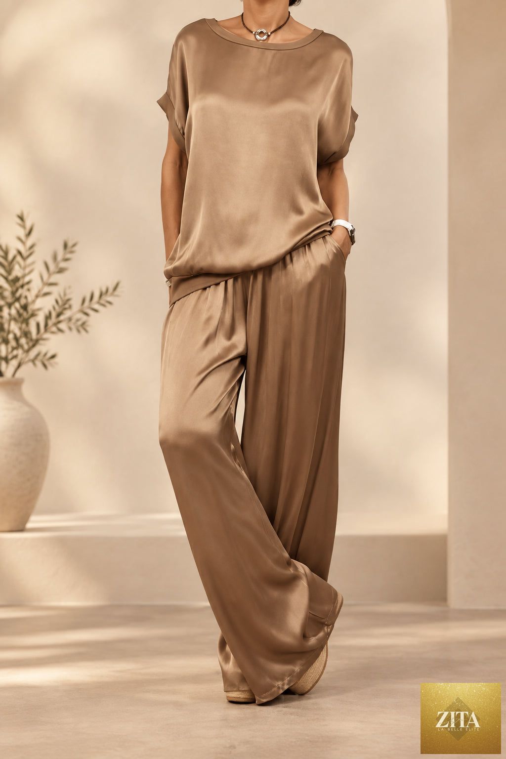 Women's 2-Piece Satin Set – Batwing-Sleeve Round-Neck Top & Wide-Leg Drawstring Trouser