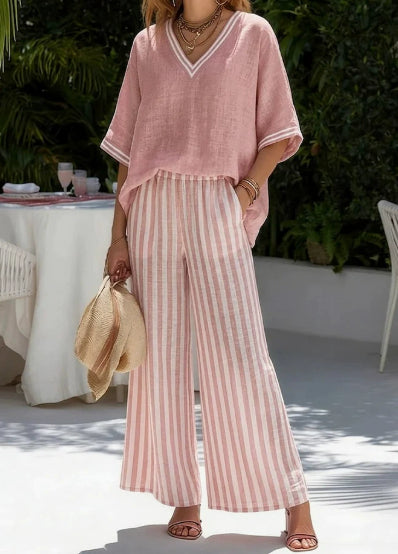Women's striped tunic top and casual trousers two-piece set by FitiqueFit, stylish and comfortable casualwear ensemble.