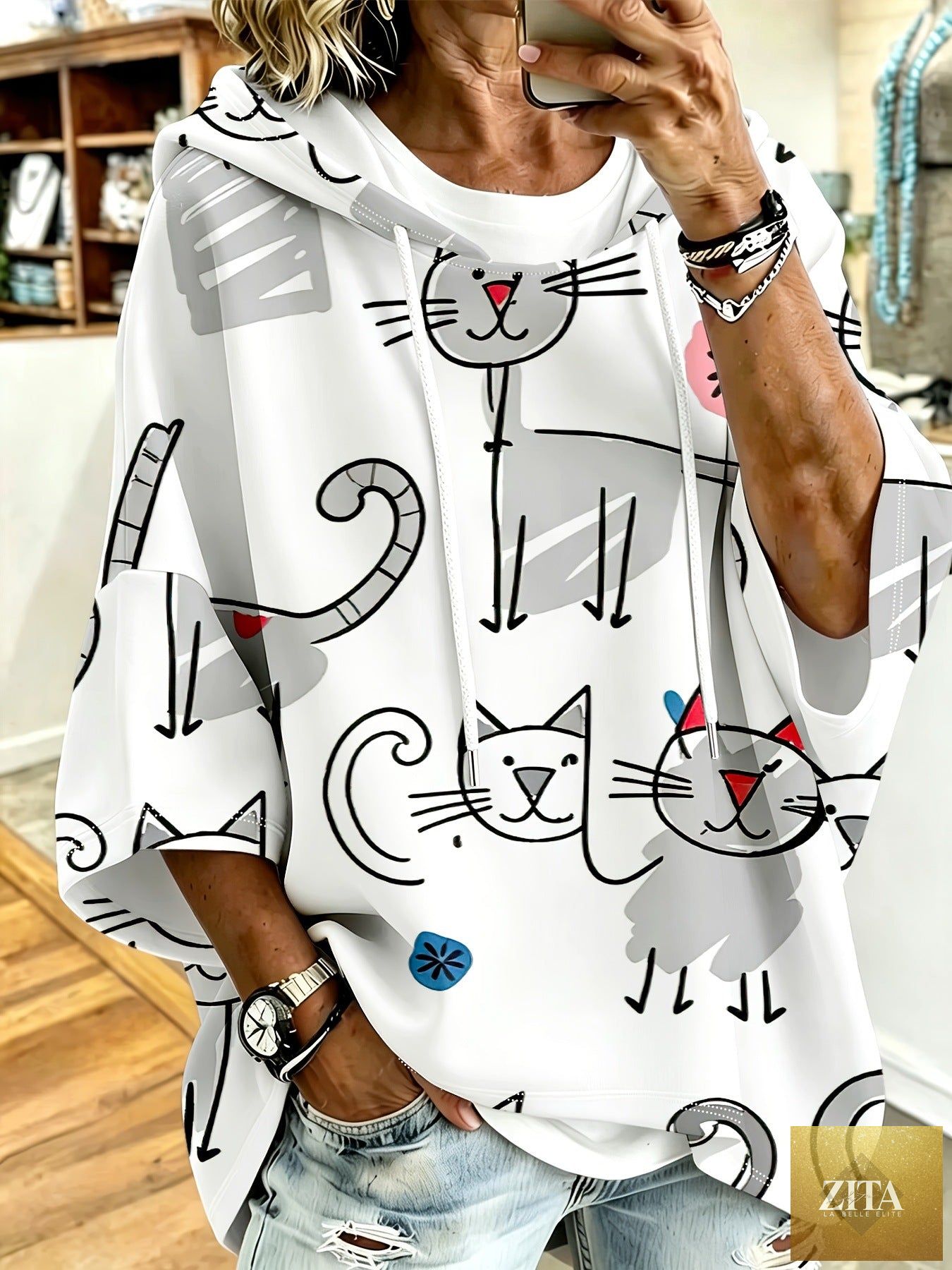 Cartoon Cat Print Hoodie with 3/4 Sleeves & Drawstring