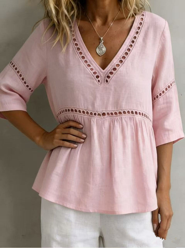 Women's V-neck hollow-out fringe cotton-linen casual top by FitiqueFit, featuring a relaxed fit with stylish fringe and breathable fabric.