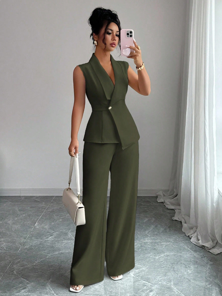 Women's sleeveless blazer and straight-leg pants two-piece casualwear set by FitiqueFit, featuring a tailored blazer and matching pants.