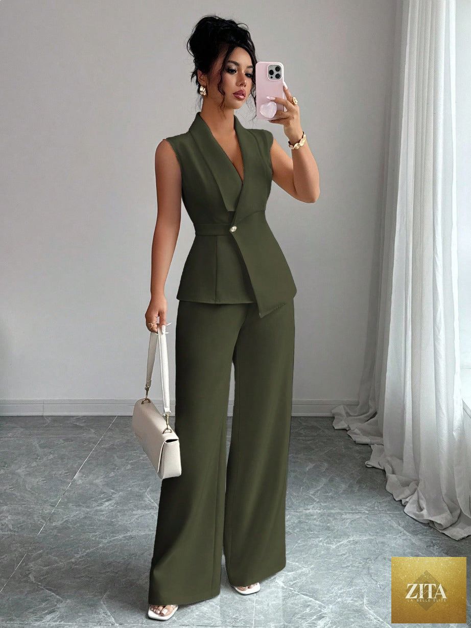 Women's MERIDGE sleeveless peplum blazer and wide-leg pants two-piece set, featuring a tailored blazer and matching pants.