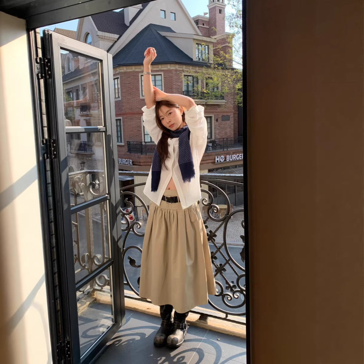 Casual FitiqueFit A-line midi skirt with crushed pleats, cotton fabric, relaxed fit, and matching belt, perfect for everyday wear.