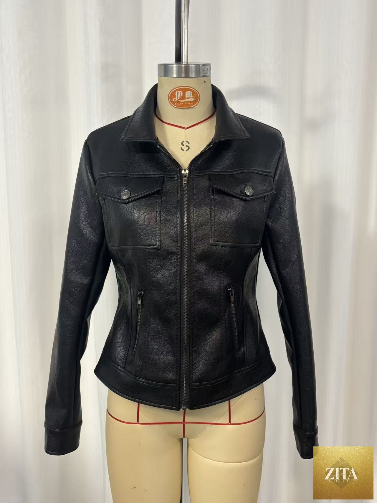 Vintage washed black PU leather biker jacket by FitiqueFit with slim fit design and front zip closure.