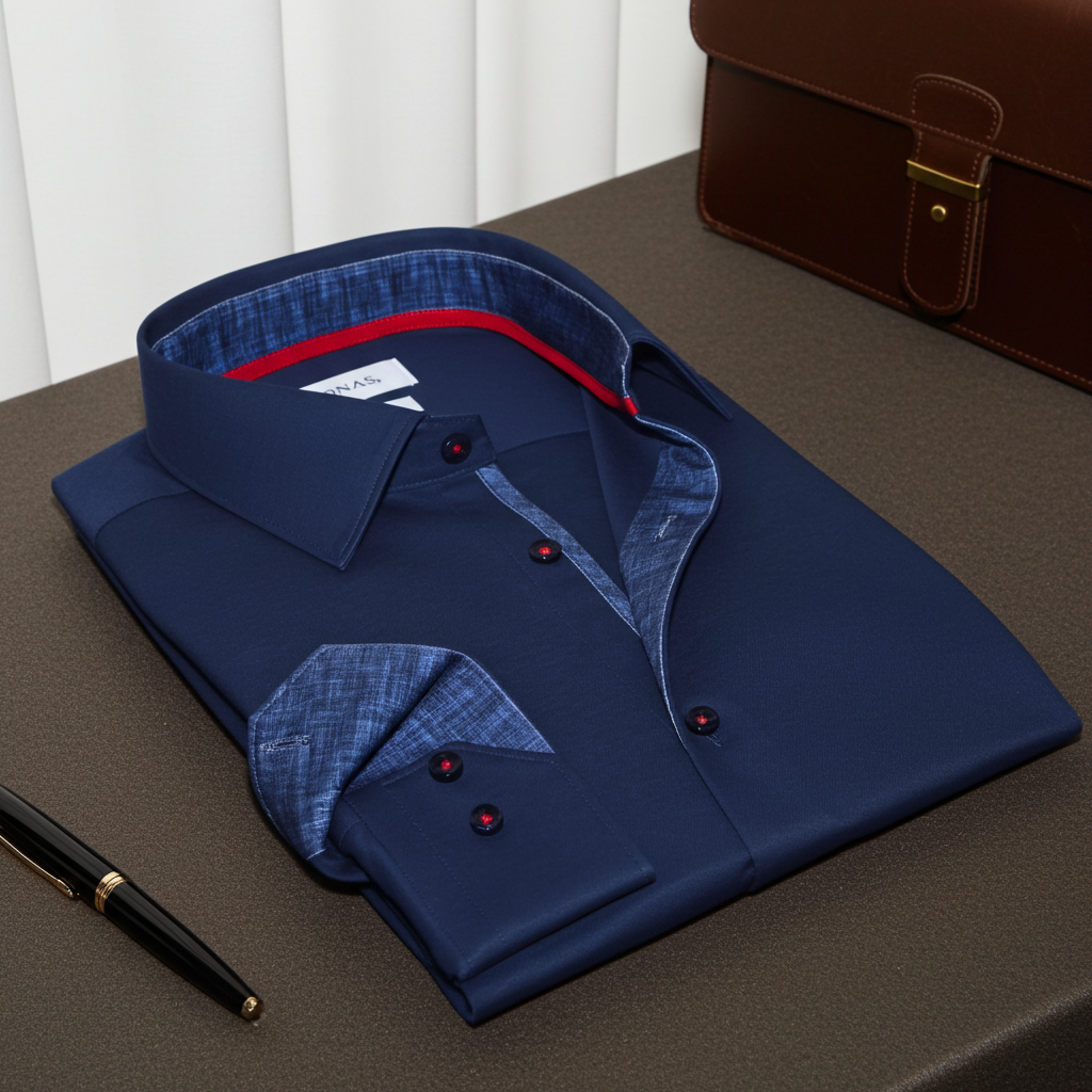 Levinás® navy cotton knit-stretch button-up shirt with contrast details, tailored fit, and long sleeves, casual yet stylish.