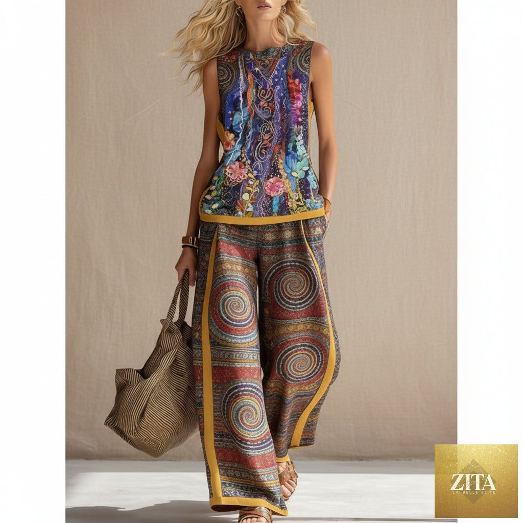Printed retro sleeveless top and wide-leg pants set by MERIDGE, featuring colorful 12 print designs in plus sizes.