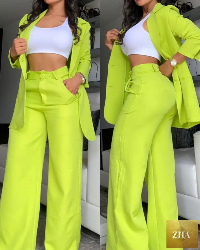 Women's Longline Open-Front Blazer & High-Waist Wide-Leg Trousers Suit Set – 8 Colors
