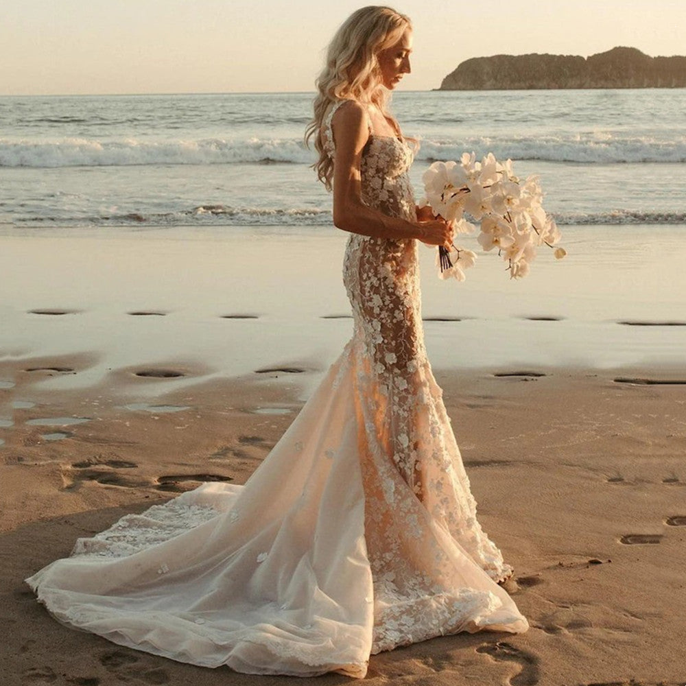 FLIPSTYLEZLLC mermaid wedding dress with 3D lace appliques, featuring intricate floral details and a fitted silhouette.