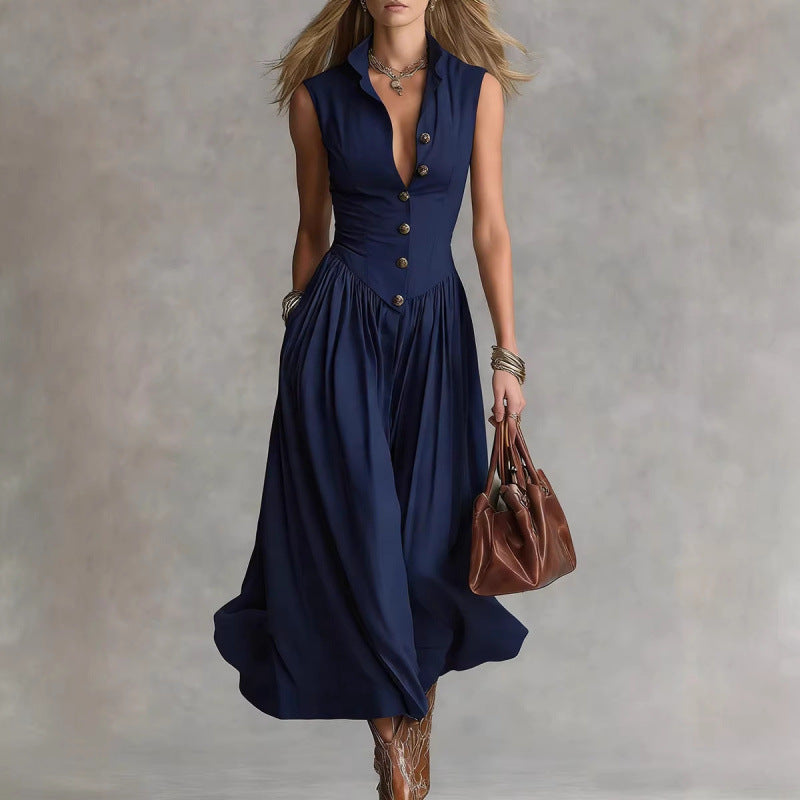 Women's sleeveless lapel collar maxi dress by FitiqueFit featuring slim fit patchwork casualwear style.