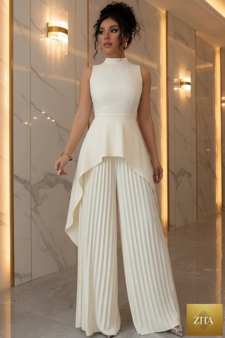 Women's Mock Neck Asymmetric Hi-Lo Peplum Top & Accordion Pleated Wide-Leg Palazzo Pants Set