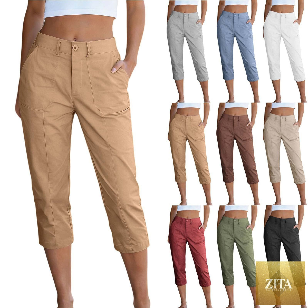 Women's high waist cargo capris from Sell My Stuff featuring solid color, patch pockets, cropped length, perfect for summer casual wear.