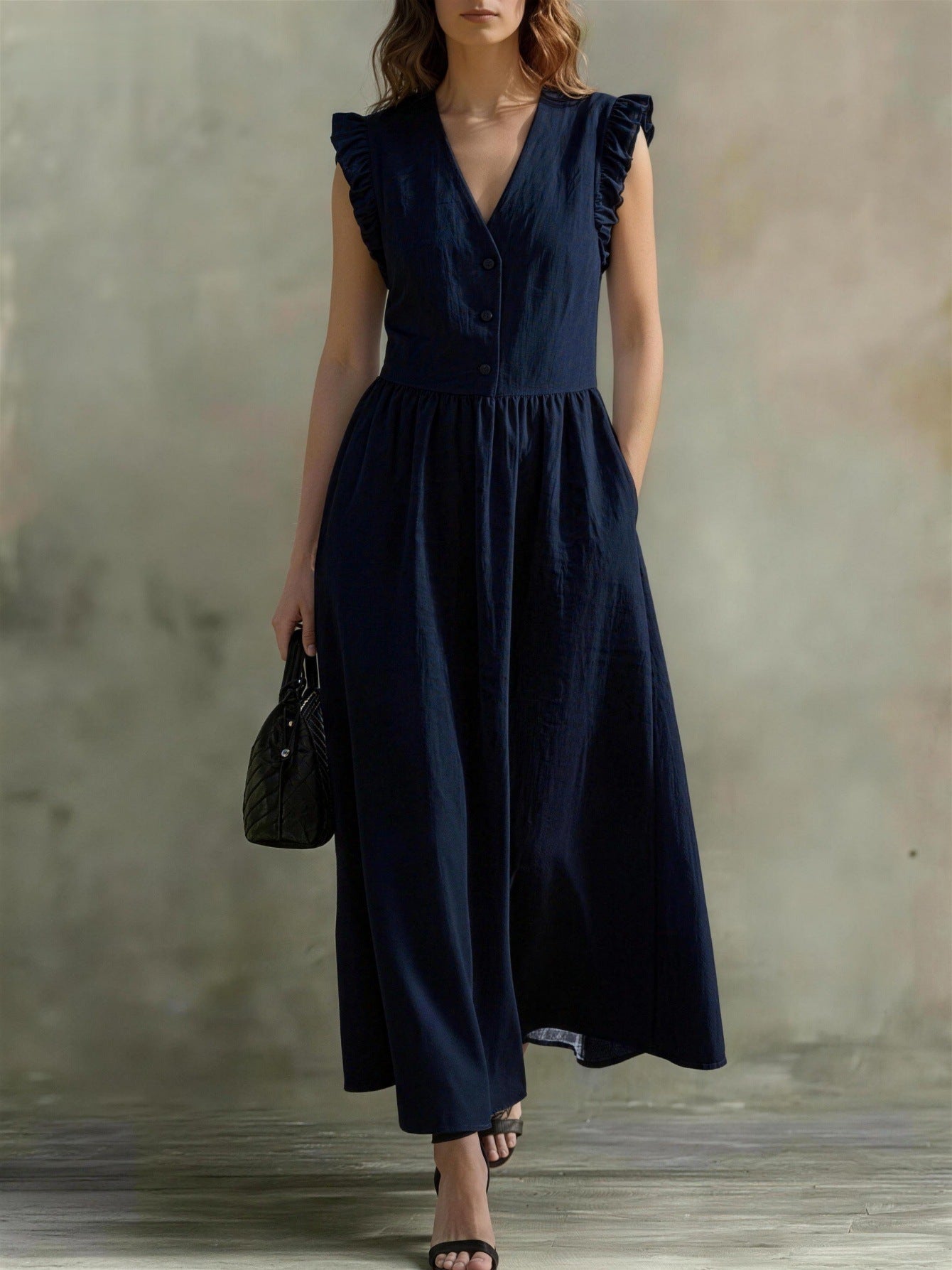 FitiqueFit cotton linen V-neck puff-sleeve casual dress with pockets in seven colors, perfect for relaxed, stylish wear.