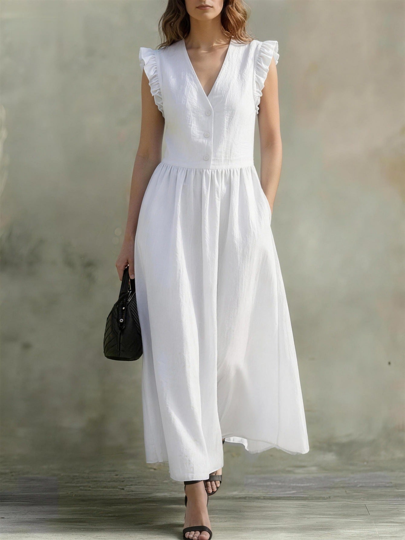 V-neck puff-sleeve casual dress with pockets by FitiqueFit, made of cotton linen in seven colors, shown on a model.