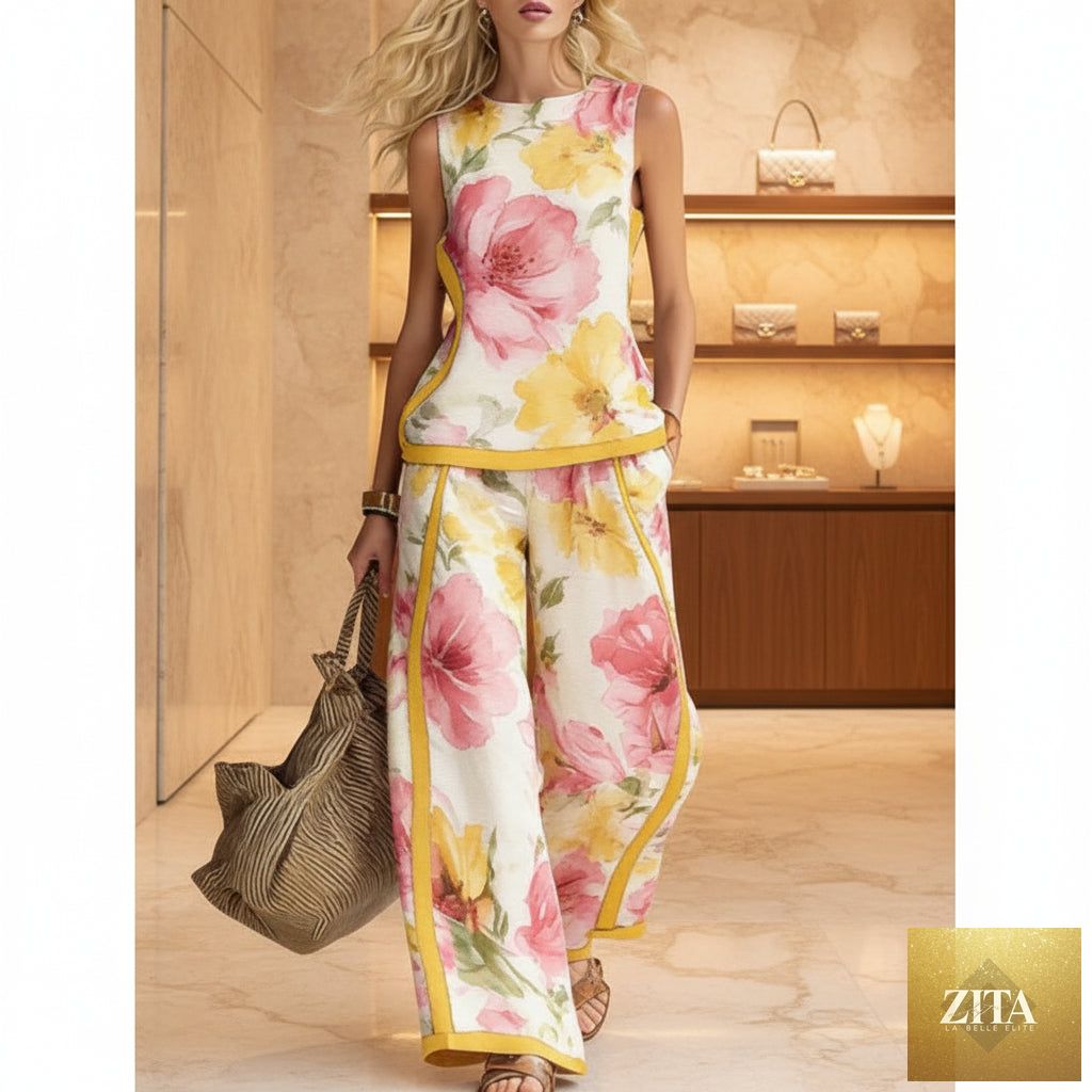 Printed retro sleeveless top and wide-leg pants two-piece set by MERIDGE, featuring vibrant 12 print designs, available in sizes S–5XL.