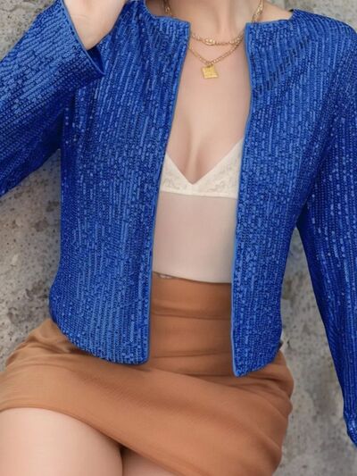Elegant women’s full-size sequin open-front cropped jacket by Stevvex with glamorous sparkle, perfect for party or evening wear.