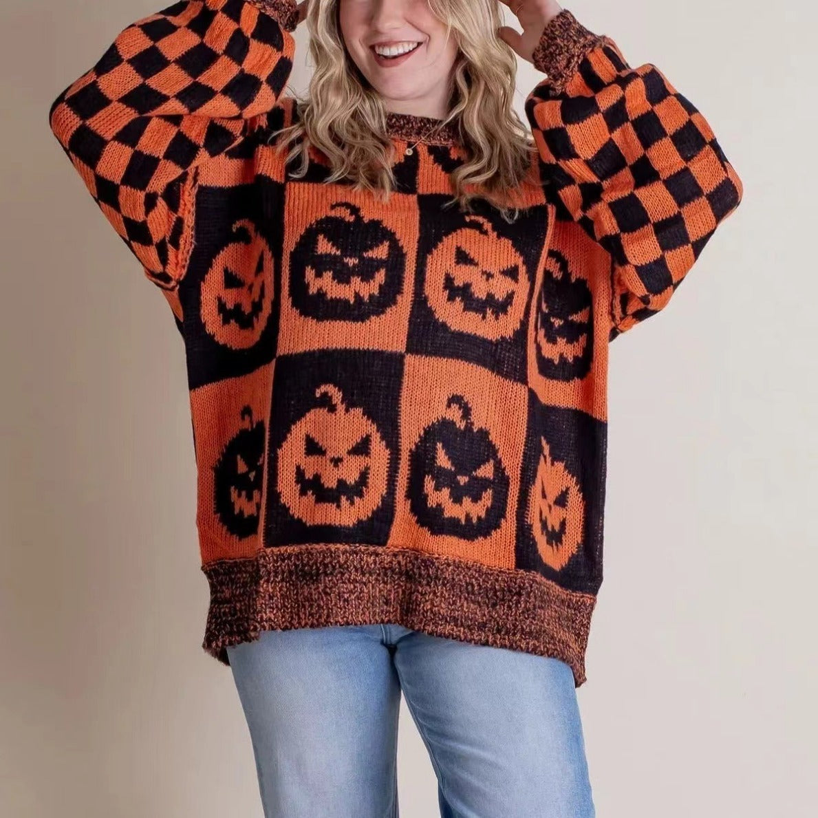 Halloween Cartoon Pumpkin Ghost Sweater Winter Loose Pullover Knitted Crimson Medea