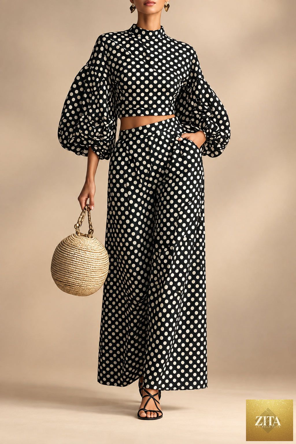 Women's 2-Piece Polka Dot Set – Lantern-Sleeve Mock-Neck Crop Top & High-Waisted Wide-Leg Trouser