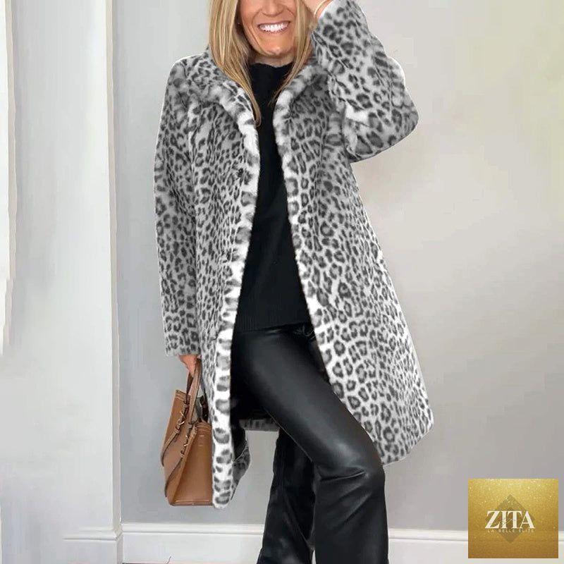 Leopard print plush jacket by FitiqueFit, cozy loose-fit mid-length outwear with soft fabric and stylish animal print design.