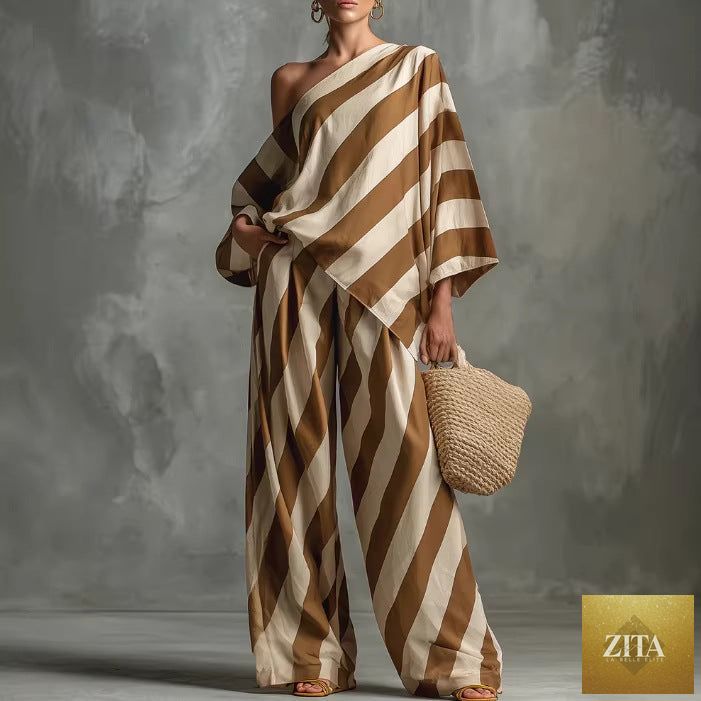 Women's retro striped batwing top and wide-leg pants two-piece set by MERIDGE, featuring bold stripe patterns and comfortable fit.