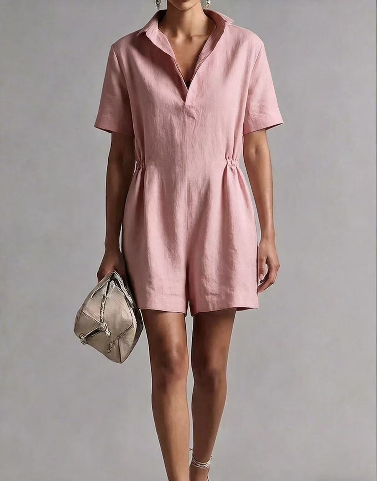 Women's Casual Lapel-Neck Three-Quarter Sleeve Split Jumpsuit