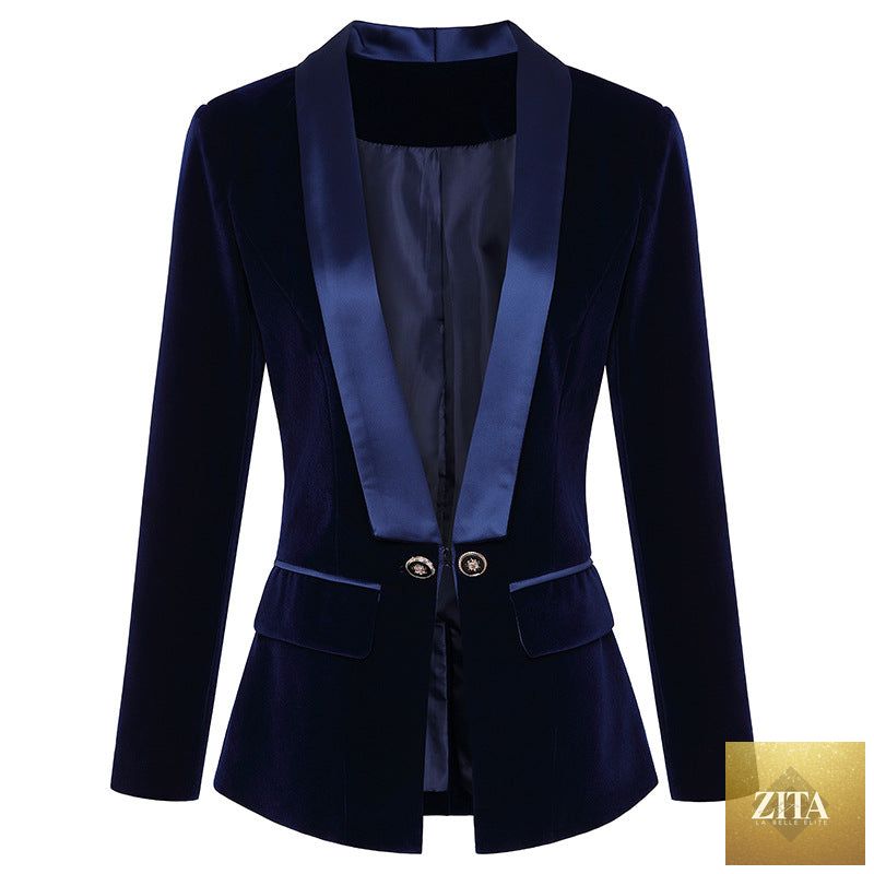 Green satin fruit collar slim velvet blazer for women, stylish Autumn Winter blazer with a unique fruit-themed collar.