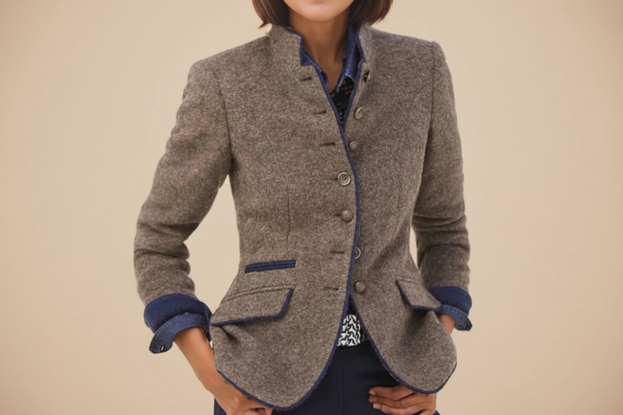 Women’s color-block woolen coat by FitiqueFit featuring multi-button casual elegant design and stylish winter outerwear.