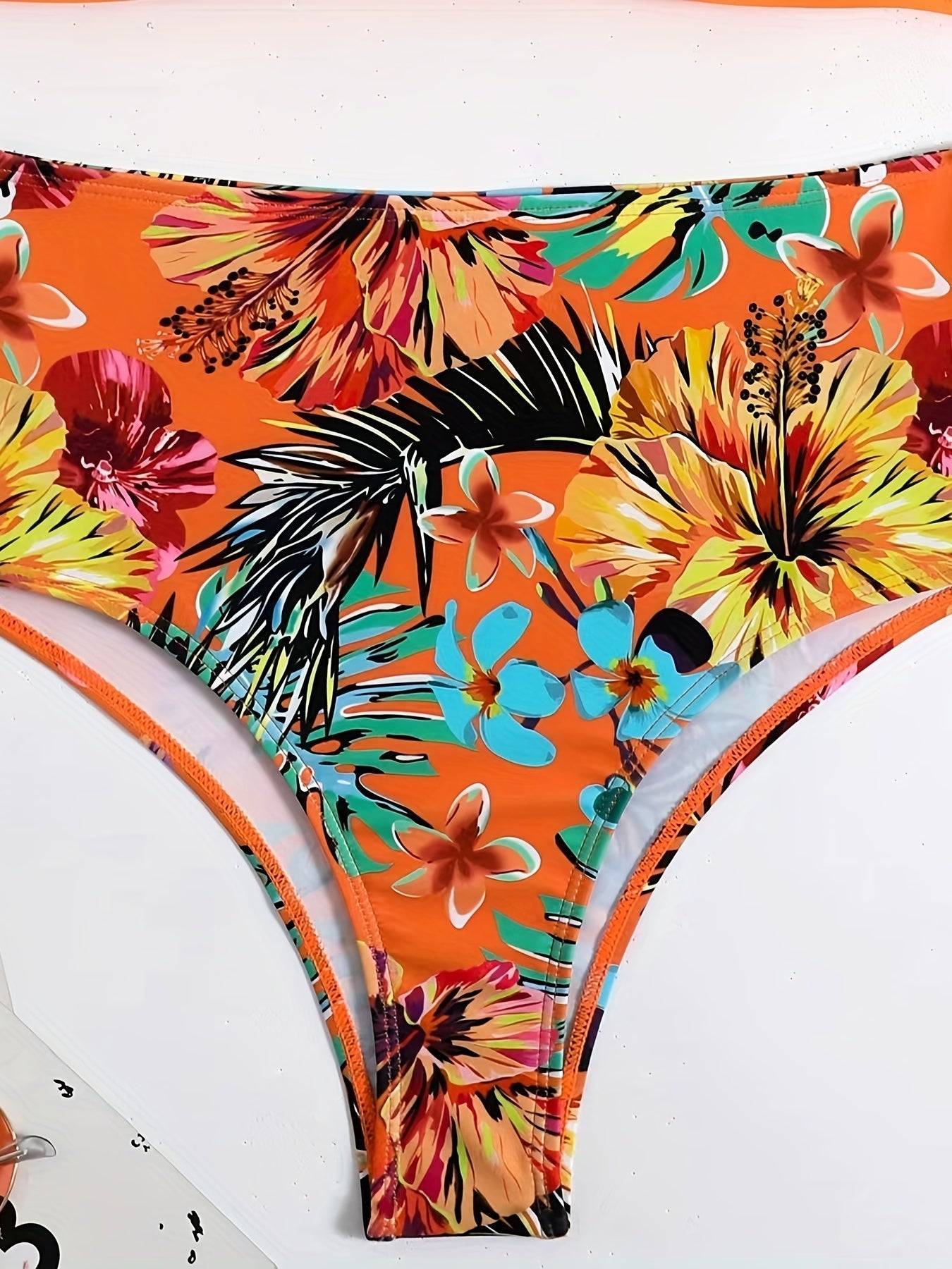 Tangerine red tropical floral high waist bikini set for women, featuring off-shoulder lace-up design and tummy control for summer beachwear
