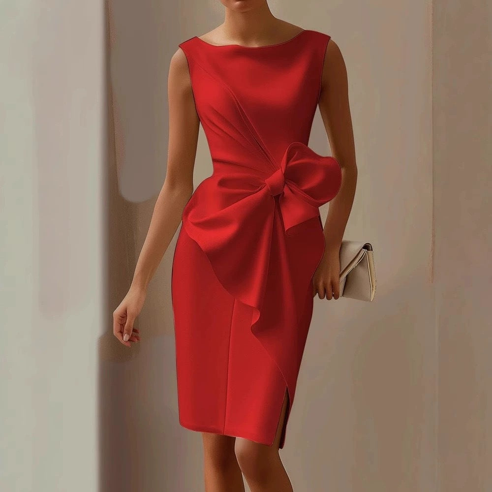 Women's high waist A-line midi dress with bow-knot detail, sleeveless casualwear by FitiqueFit, shown in a natural pose.