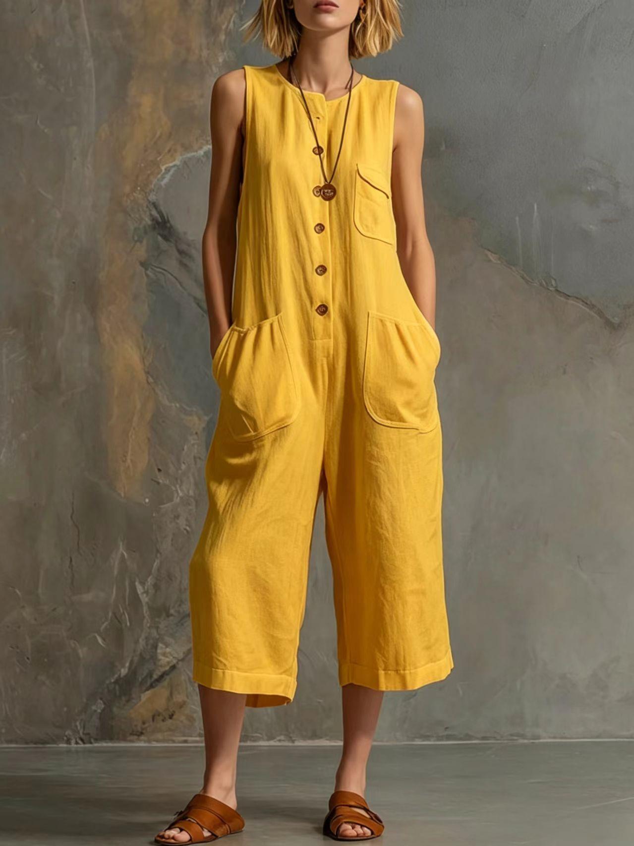 Women's retro sleeveless wide-leg cropped jumpsuit by FitiqueFit, featuring a casual style with a relaxed fit and wide-leg design.